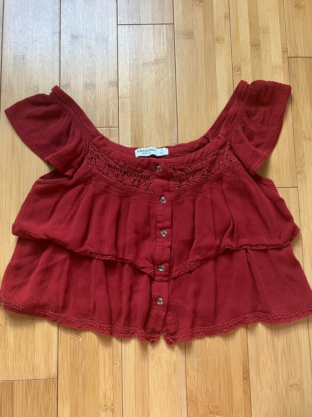 Arizona Jean Company Red Off-Shoulder Tiered Button Crop Top